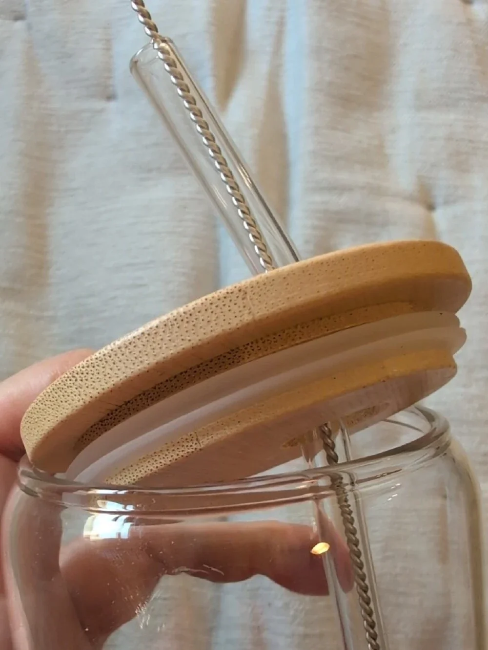 Clear Glass Tumbler with Bamboo Lid and Glass Straw - 